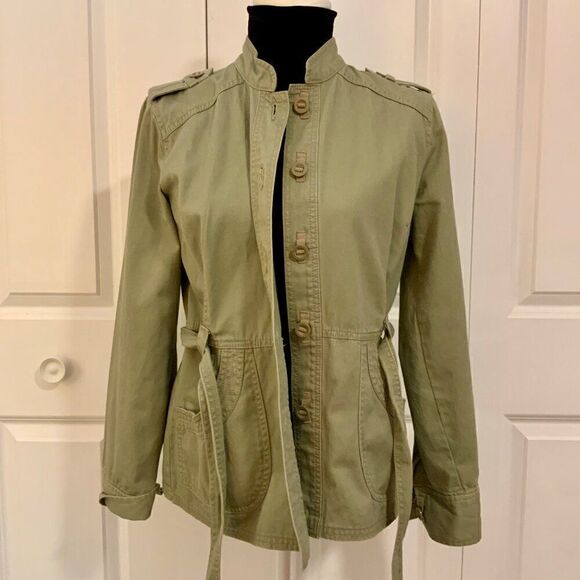 French Cuff Sage Green Button Front Cotton Belted Utility Jacket Medium - Picture 10 of 11